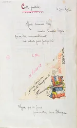 1915年の「ケースダルモン」コレクションのジャンロワイエールに捧げられた詩「カルテポスターレ」（ペンとインクと紙のコラージュ）